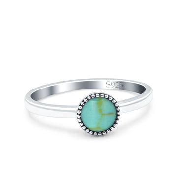 Petite Dainty Lab Opal Ring Solid Round Oxidized Simulated Turquoise 925 Sterling Silver